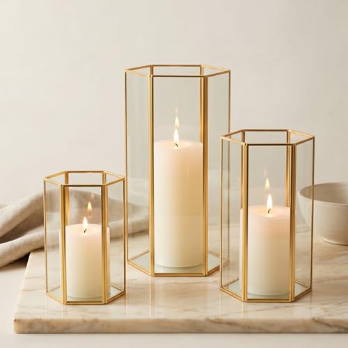 Glass Hurricane Candle Holder, Set of 3 Large Clear Hexagon
